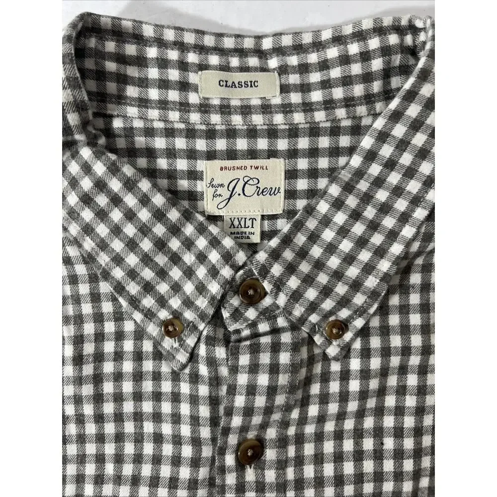 J Crew Mens XXLT Classic Brushed Twill Flannel Button Down Gray Check Shirt